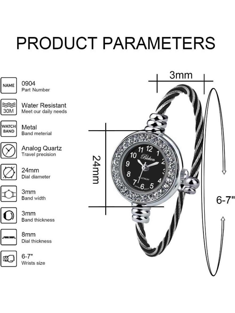Women Silver And Black Analog Cable Cuff Arabic Number Rhinestone Bracelet Watch - Picture 2 of 7